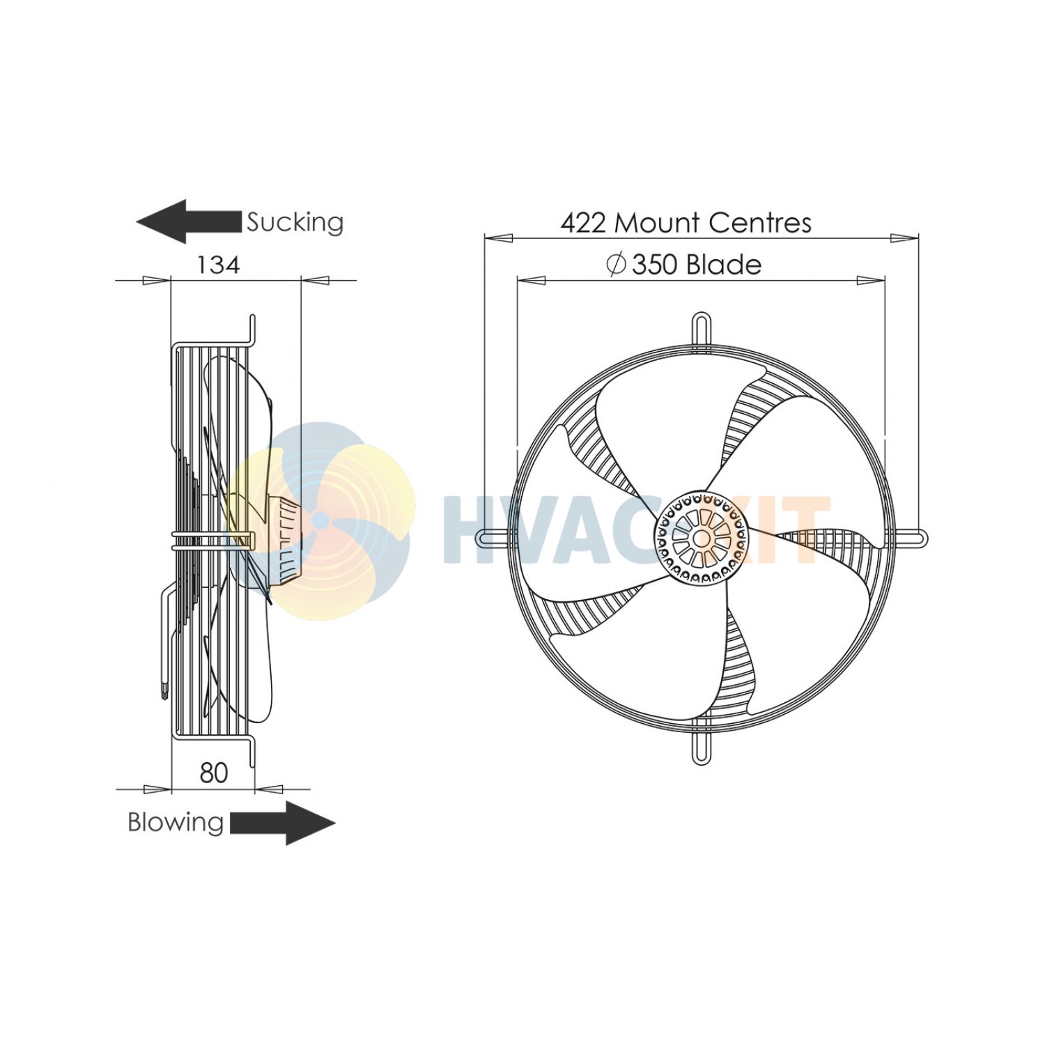 350mm  Guard Mounted Axial Fan Sucker 1 ph - 6 Pole (900-920rpm) 74w - Image 3