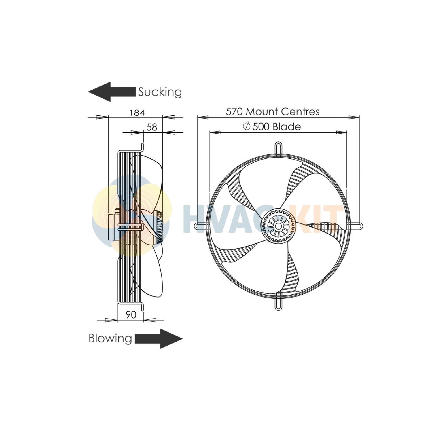 500mm  Guard Mounted Axial Fan Sucker 3 ph - 4 Pole (1300-1400rpm) 390w - Image 2