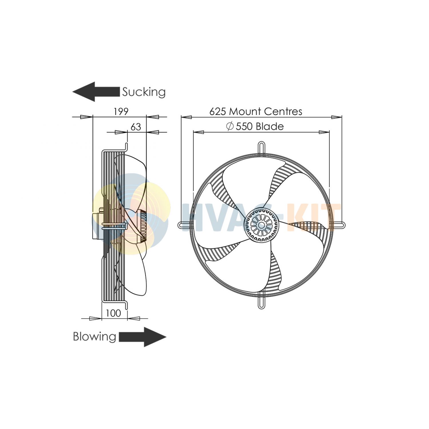 550mm Guard Mounted Axial Fan Sucker 3 ph - 6 Pole (900-920rpm) 240w - Image 2