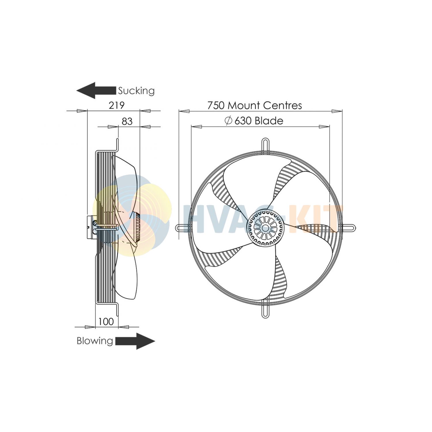 630mm  Guard Mounted Axial Fan Blower 3 ph - 6 Pole (900-920rpm) 435w - Image 4