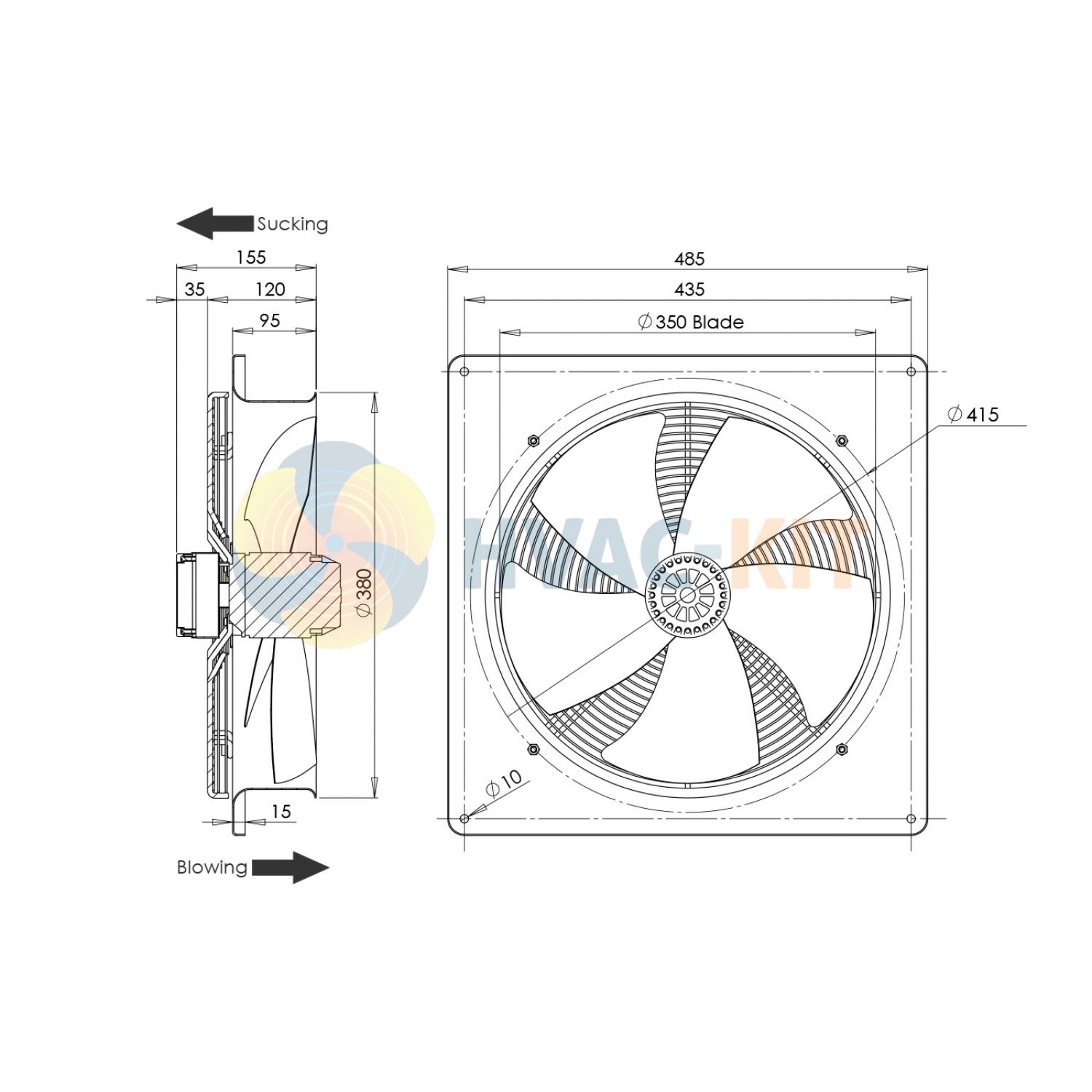 350mm  Plate Mounted Axial Fan Blower 1 ph - Image 3
