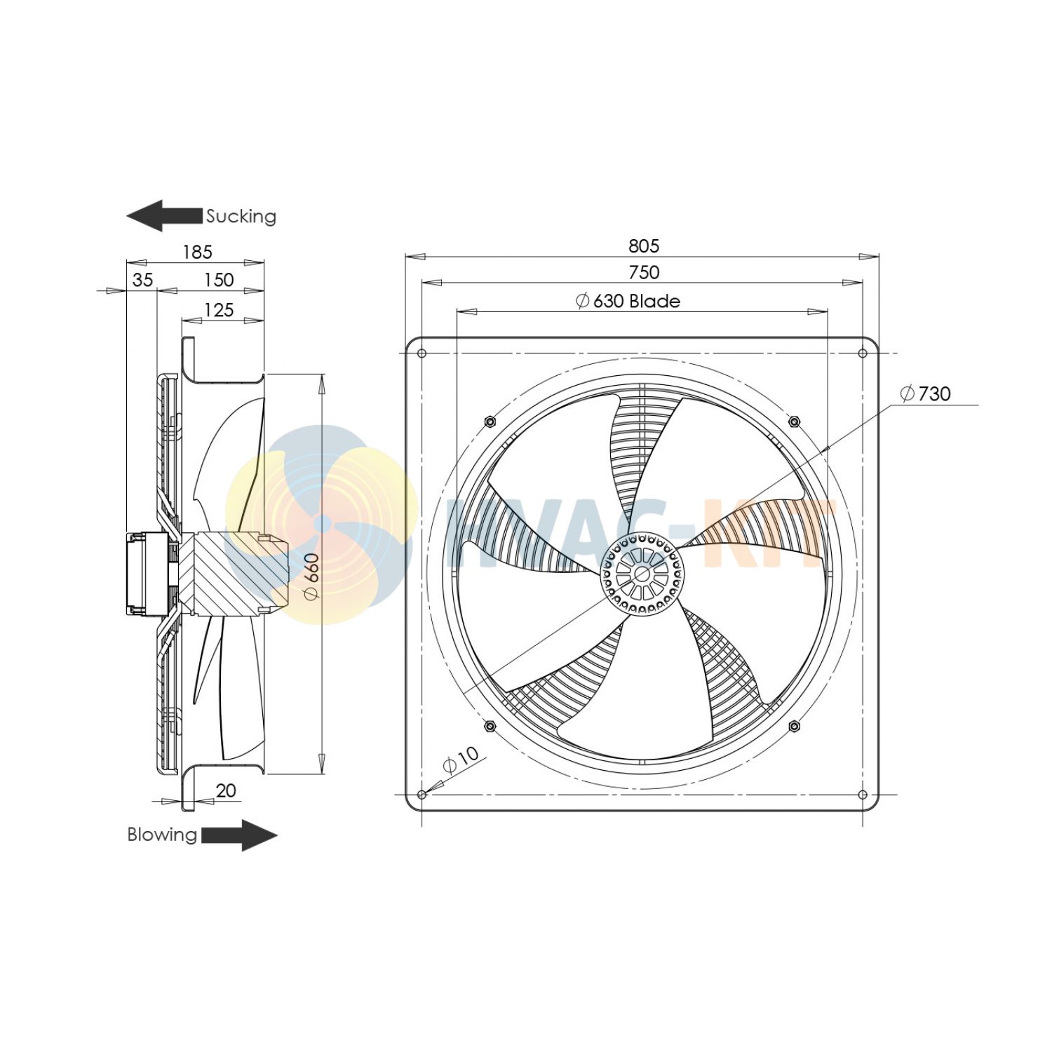 630mm  Plate Mounted Axial Fan Sucker 1 ph - Image 3